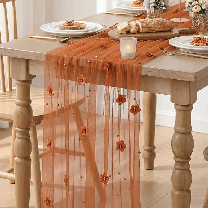 Artoid Mode Caramel Flower Pearl Pink Gauze Table Runner 10FT 6PC, Seasonal - Image 3