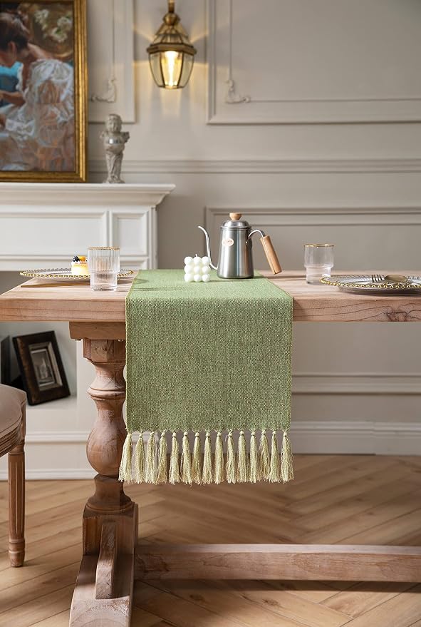 Green Table Runners 36 Inches Long, Burlap Linen Style Rustic Farmhouse Table - Image 2