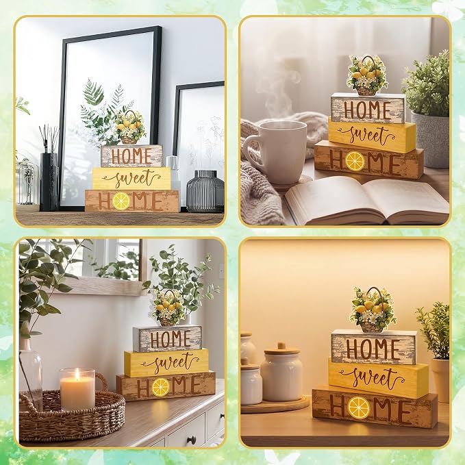 Cinnvoice 4 Pcs Summer Lemon Wooden Tabletop Decor Yellow Lemon Rustic Tiered - Image 4