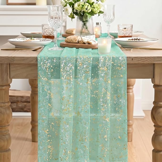 Artoid Mode 3Pcs Turquoise Gauze Gold Table Runner 10FT, Glitter Metallic Foil - Image 2