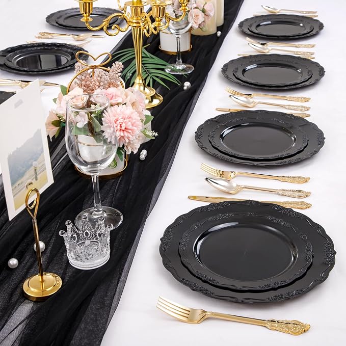 U-QE 100PCS Black Plastic Plates, Heavy Duty Black Plates Including 50PCS 10'' - Image 6