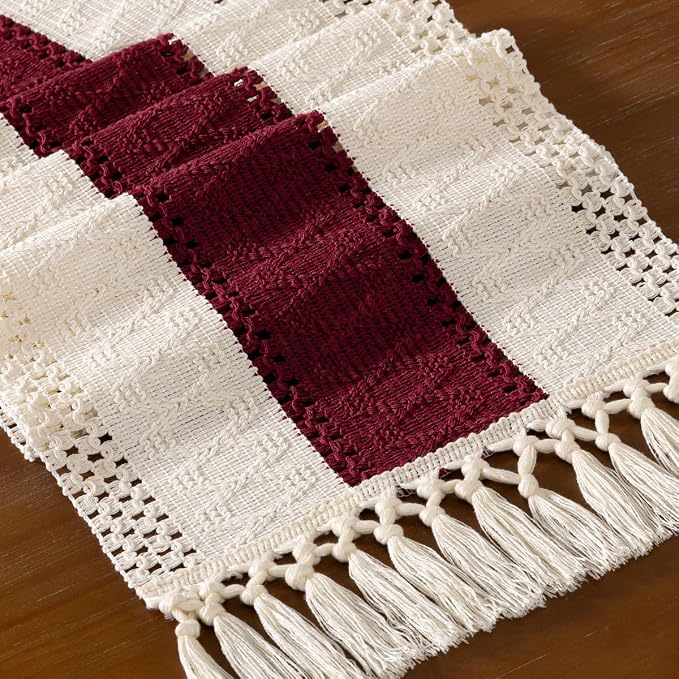 DeZerlor Ivory&Burgundy Boho Macrame Farmhouse Woven Table Runner 108Inch | - Image 2