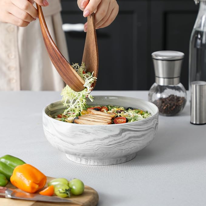 MALACASA Large Serving Bowls, 60 OZ Ceramic Salad Bowls Set of 2 | Marble Grey - Image 7