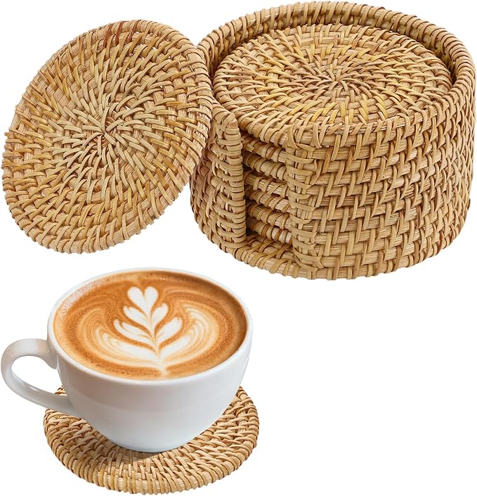 8Pcs Handmade Natural Rattan Coasters Set by ANPHSIN