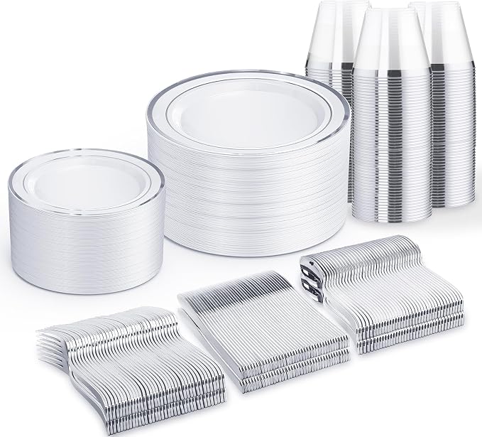 WELLIFE Silver Plates, Plastic Dinnerware Set by WELLIFE