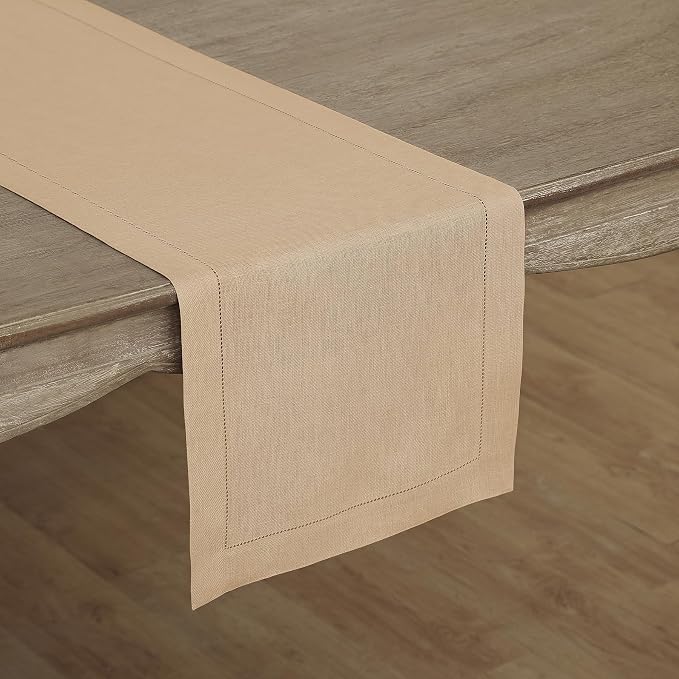 Solino Home 100% Linen Table Runner Beige, Classic Hemstitch 14 x 108 in | by SolinoHome