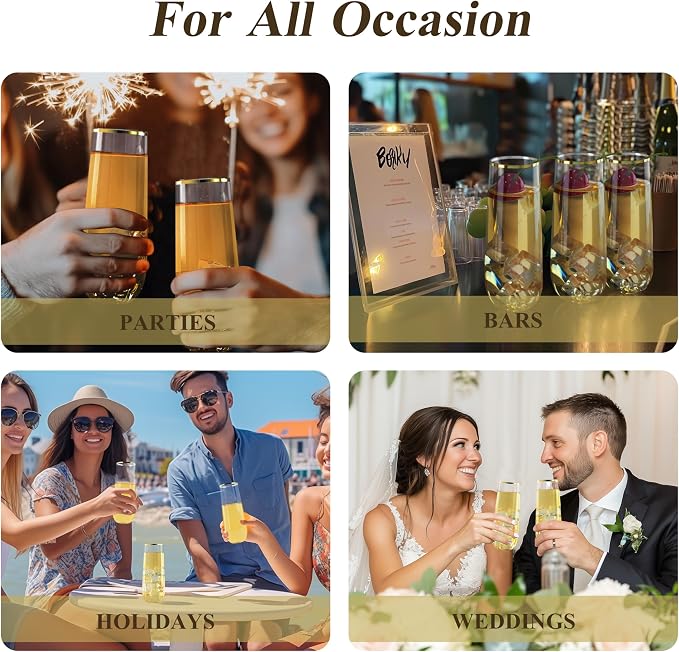 Bestluck 36 Pack 9 oz Stemless Plastic Champagne Flutes Gold Rim | Clear - Image 6