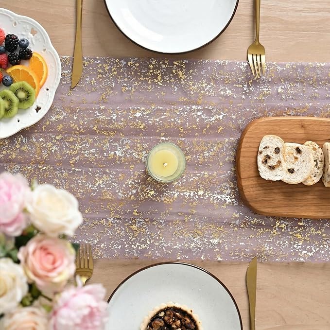 Artoid Mode 10Pcs Grayish Purple Gauze Gold Table Runner 10FT, Glitter Metallic - Image 3