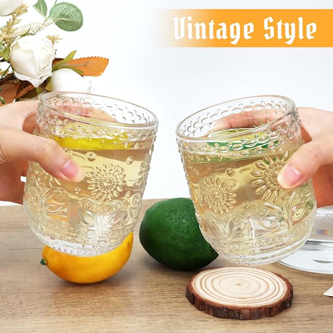 Topsky Vintage Drinking Glass Set of 4, 12 oz Embossed Floral Drinkware Set - Image 3