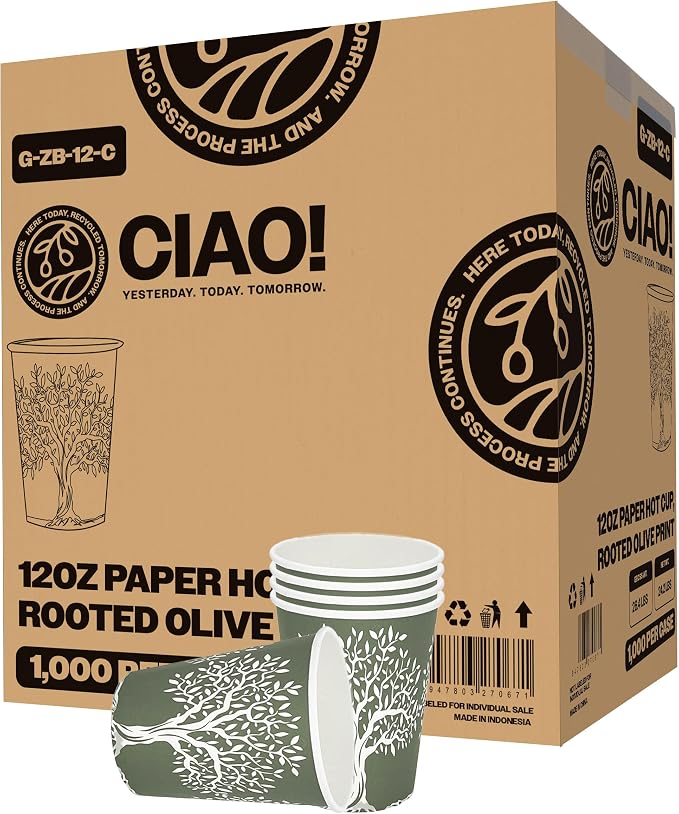 CIAO! 12oz Paper Hot Cup, Rooted Olive Print by Ciao