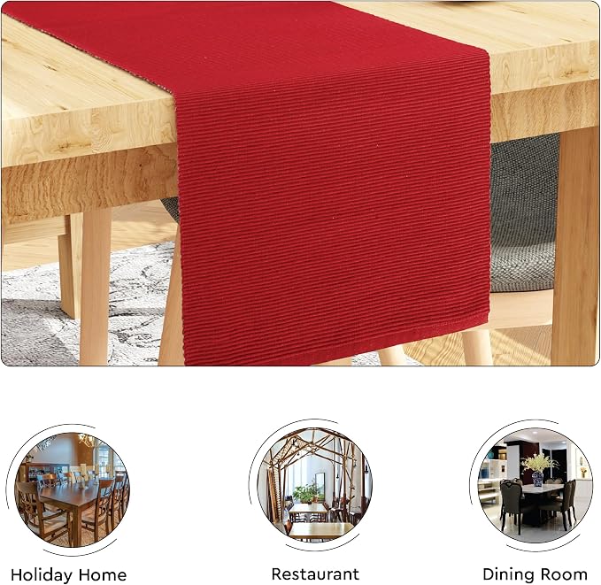 Encasa XO Table Runner, Yarn Dyed Ribbed Cotton 13"x79" | Solid Red, 12-Ply - Image 4