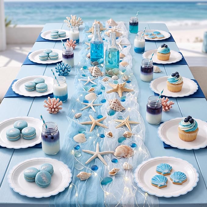 NatNarr 30 PK Light Blue Plates 7" Scalloped Blue White Dessert Cake Plates | - Image 5