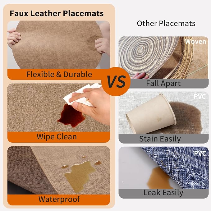 Maxpearl Faux Leather Round Placemats Set of 6, 13.8 inch, Heat Resistant - Image 4