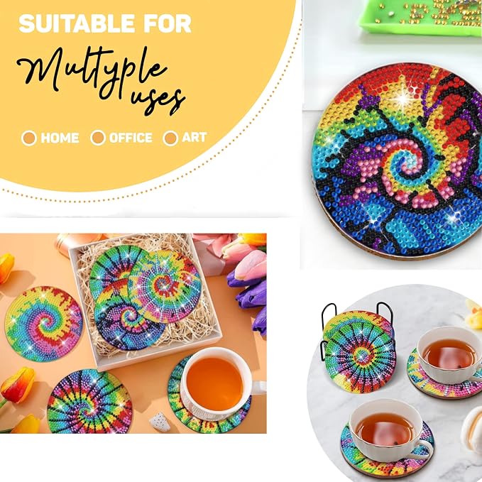 8 pcs Diamond Painting Coasters | Diamond Art Coasters | Tie Dye Diamond Art - Image 5