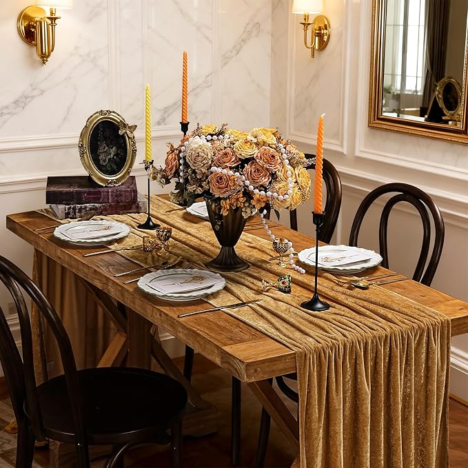 Gold Velvet Table Runner 10ft Extra Long Luxury Fall Thanksgiving Runners | 3 - Image 4