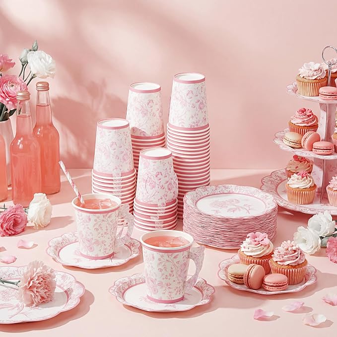 FillTouch 48 Sets Pink Floral Paper Tea Cups and Saucers Disposable Paper Tea - Image 6