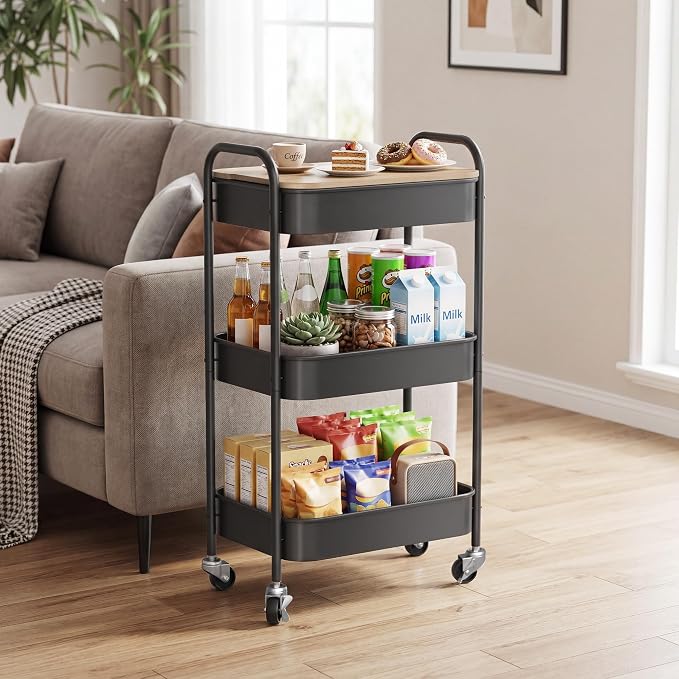 DTK 3 Tier Rolling Cart with Wheels, Heavy Duty Metal Utility Cart, Mobile - Image 7