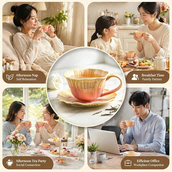 8.8 oz Tea Cups and Saucers, Flower-Shaped Ceramic Latte Art Cappuccino Cup and - Image 6