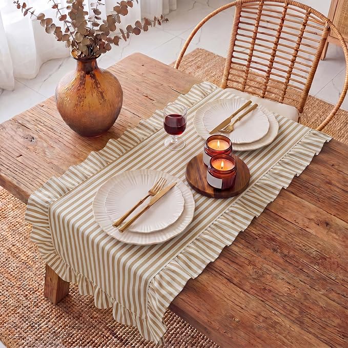 HunnmingRe Ruffle Trim Boho Table Runner Farmhouse Rustic Stripes Scalloped - Image 6