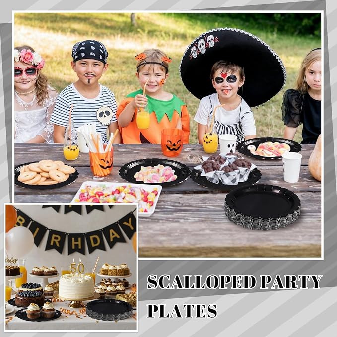 NatNarr 30 Pk Black Paper Plates 9" Disposable Scalloped Black Party Plates | - Image 7