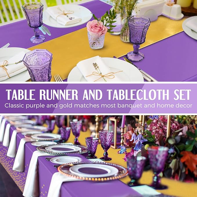 8 Pack Purple and Gold Disposable Plastic Tablecloths and Satin Table Runner Set - Image 5