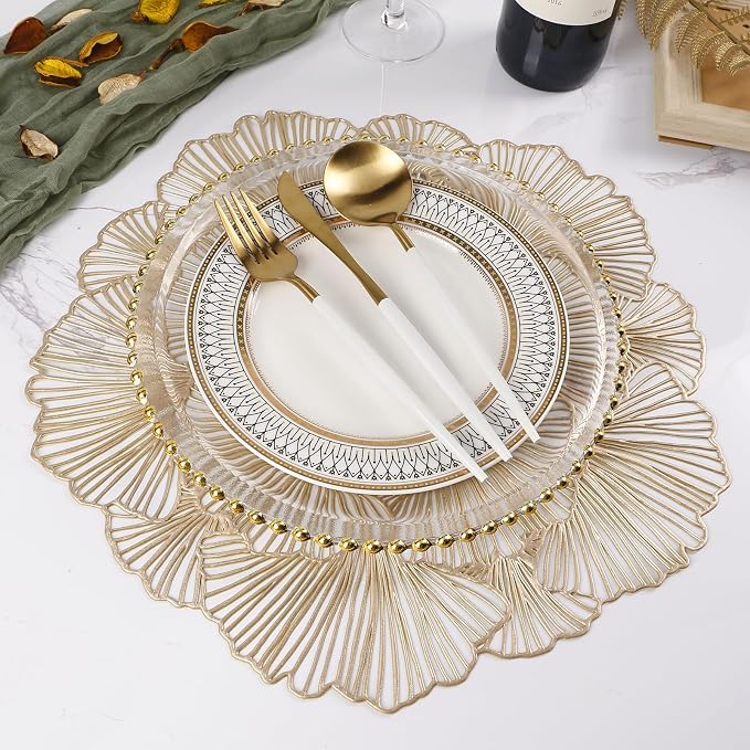 Round Placemats Pressed Vinyl Metallic Flower Place Mats Set of 6 | 15 Inch - Image 2