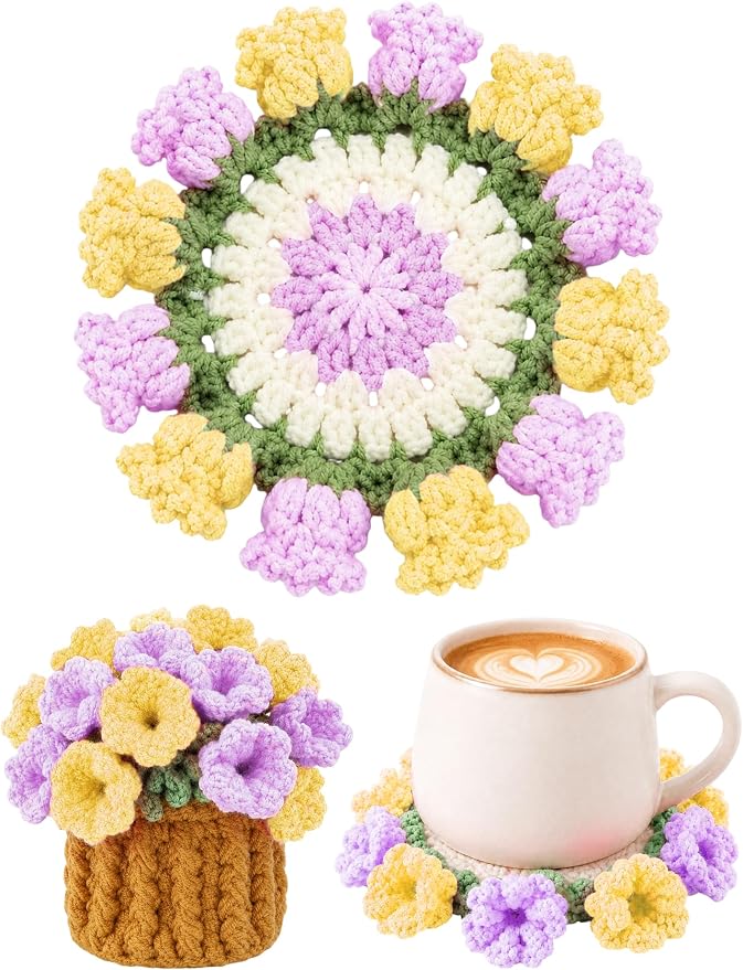 Crochet Flower Bouquet Coasters, Cotton Tulip Gifts by KQJS