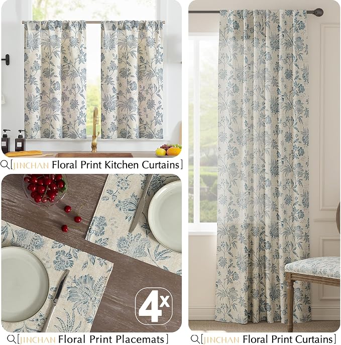 JINCHAN Sliva Linen Floral Placemats Set of 4 Farmhouse 13x19 Inch Blue | - Image 8