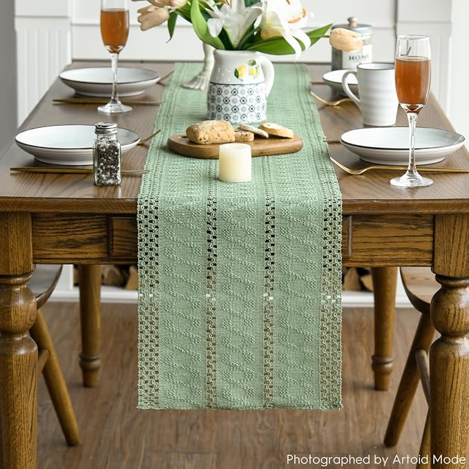 Artoid Mode Light Green Woven Farmhouse Hollow Table Runner 12x90 Inch | - Image 2