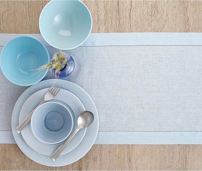 Solino Home 100% Pure Linen Table Runner Blue, Classic Hemstitch 14 x 60 in | - Image 4