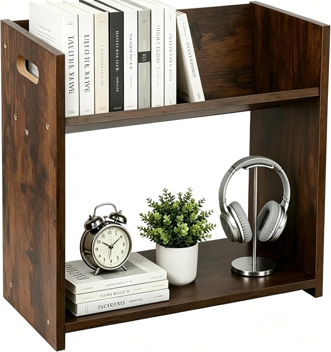 Desktop Bookshelf, 2 Tier Desk Shelf Organizer, Wood Office Tabletop Bookcase by Yubamin