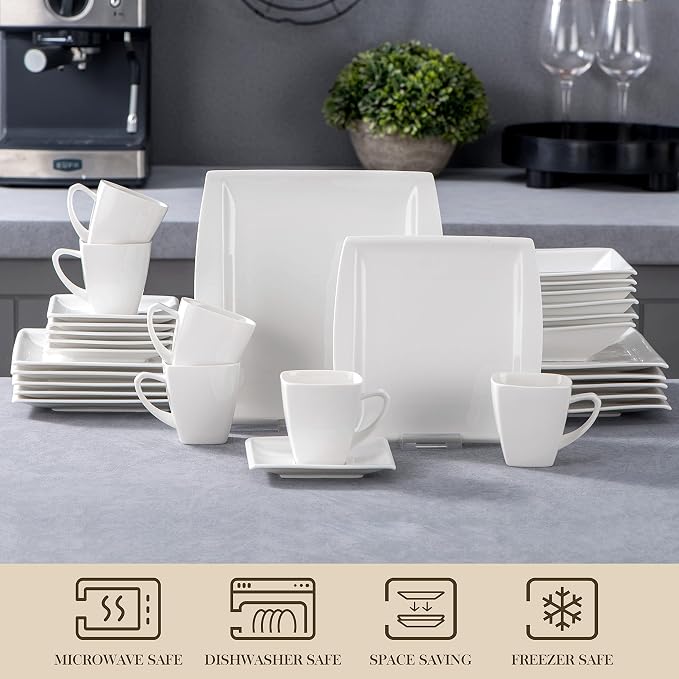 MALACASA 30 Piece Porcelain Dinnerware Set, Square Plates and Bowls - Image 4