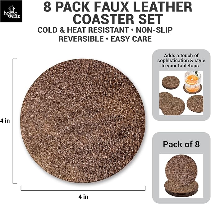Set of 8 Morgan Faux Leather 4 Inch Round Coasters, Heat & Water Absorbent - Image 2