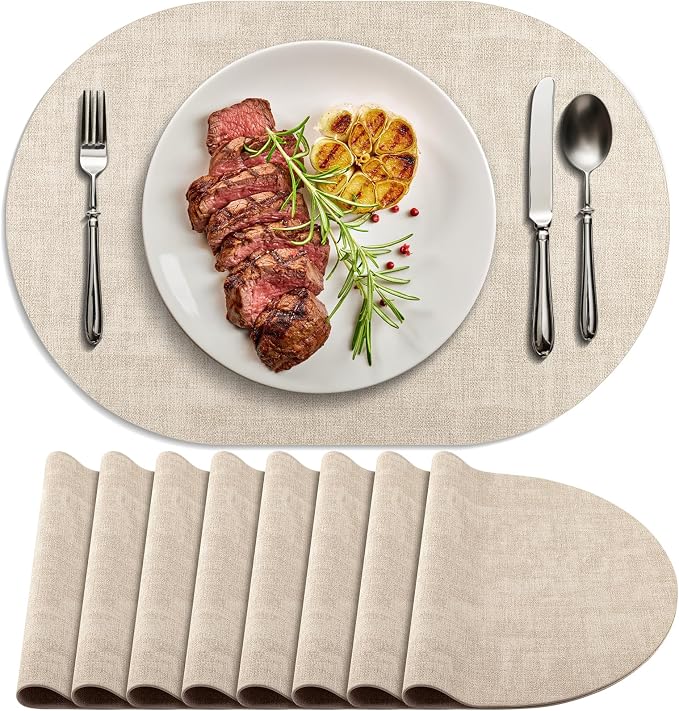 Placemats for Dining Table Set of 8 Non-Slip, Heat Resistant Oval Leather by Delicateandelegantplacemats