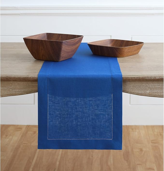 Solino Home 100% Pure Linen Table Runner Royal Blue Hemstitch, 14 x 120 in | by SolinoHome