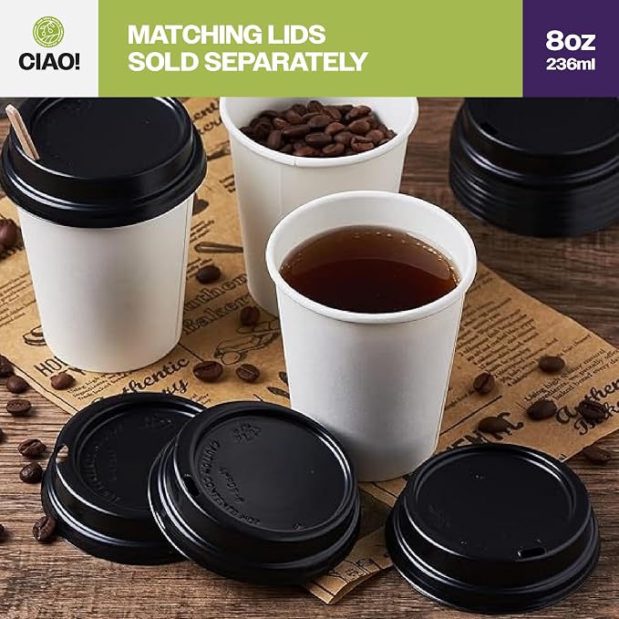 CIAO! 8oz White Paper Hot Cup, Disposable, 80mm Diameter 500 Count - Image 5