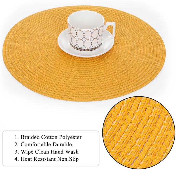 SHACOS 15 inch Round Braided Placemats Set of 6 Non Slip Washable Kitchen Table - Image 5