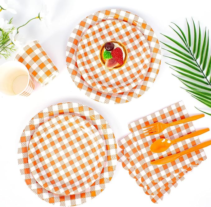 Vyntra 350 Pcs Orange & White Checkered Gingham Paper Plates and Napkins Set - Image 6