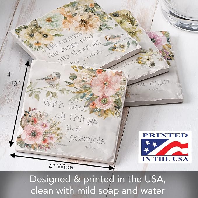 Thirstystone Floral Scriptures 4 Pack Assorted Tumbled Tile Stone Coasters | 4" - Image 3