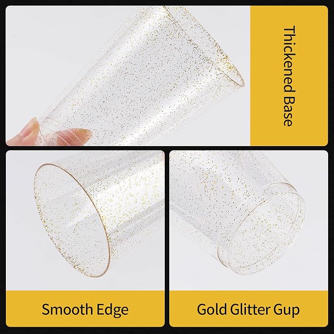 Goodluck 9 oz 100 PCS Gold Glitter Plastic Cups, Disposable Glitter Cups | - Image 4
