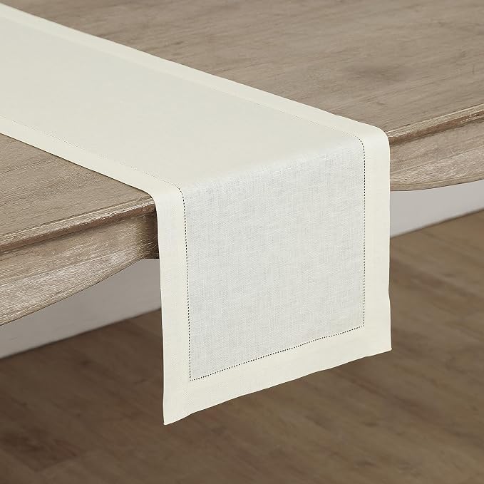 Solino Home 100% Linen Table Runner Ivory, Classic Hemstitch 14 x 132 in | - Image 2
