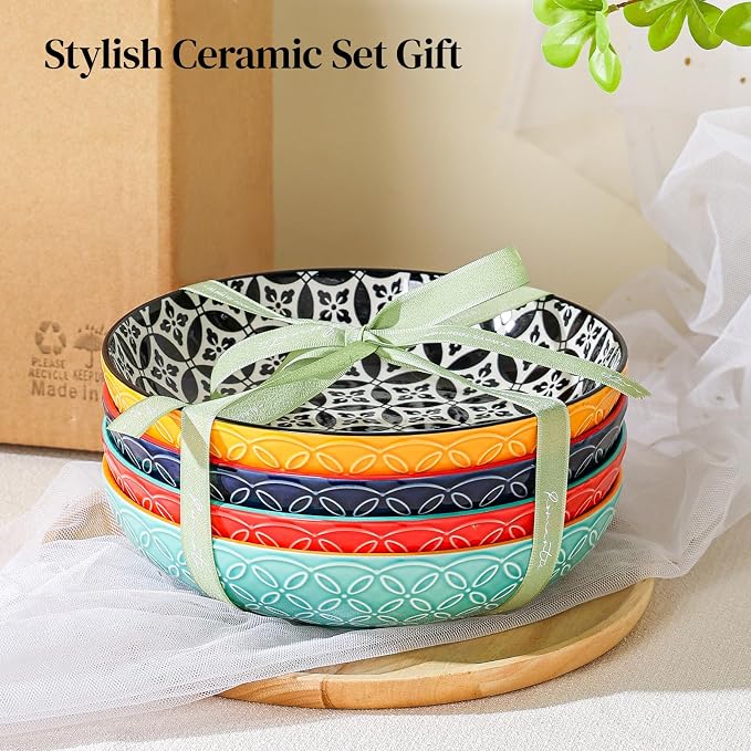 DOWAN 8.5" Vibrant Pasta, Salad & Soup Serving Bowls Set of 4, Embossed Large - Image 6