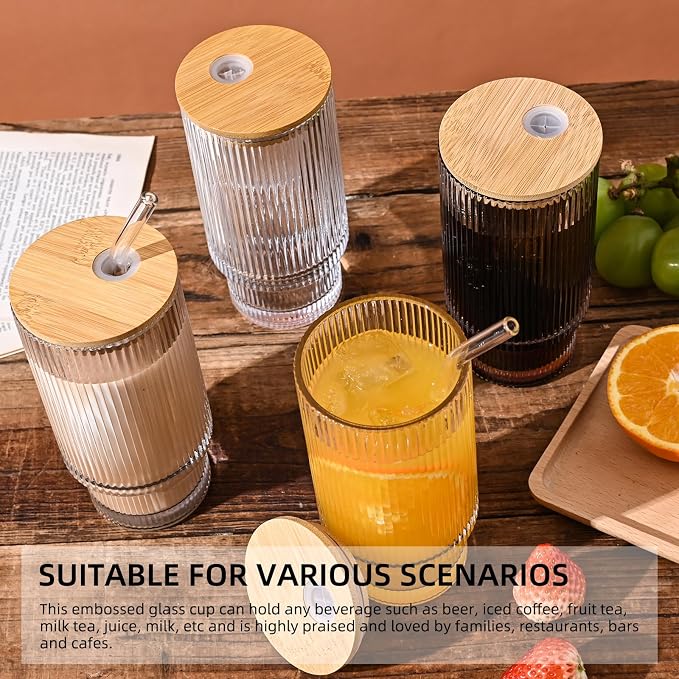 Drinking Glasses with Bamboo Lids and Glass Straw 8pcs Set, 16oz Glass Tumbler - Image 4
