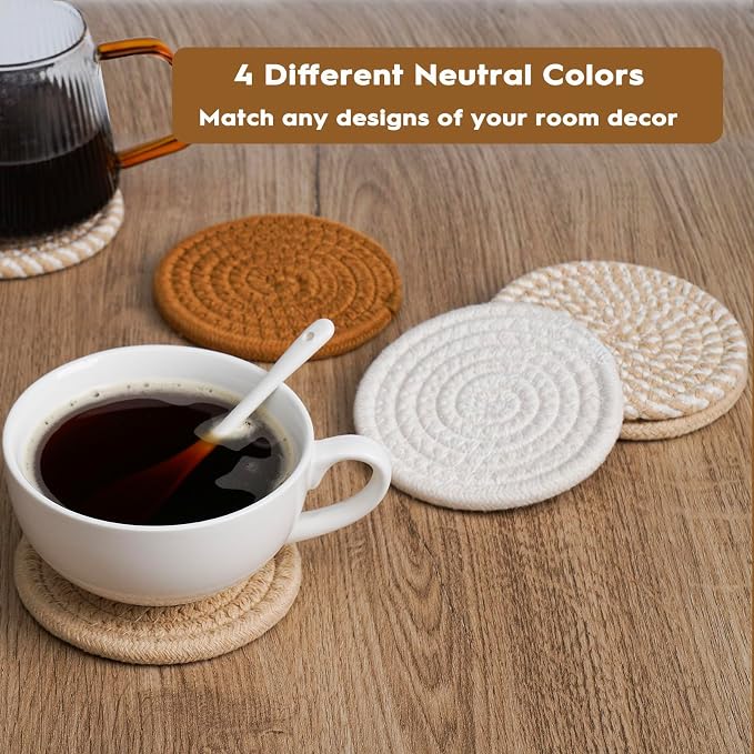 8 Pcs Drink Coasters with Holder, Boho Minimalist Cotton Woven Coasters Set - Image 7