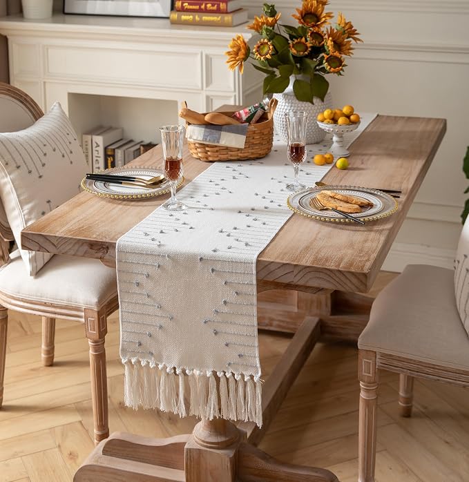Boho Table Runner 13 x 48 Inch Long Natural Cotton Woven Runner - Image 6