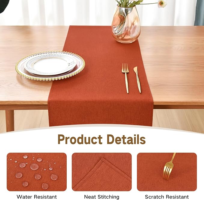 Faux Linen Table Runner Water Resistant 13 x 48 in, Rust | Farmhouse Rustic - Image 3