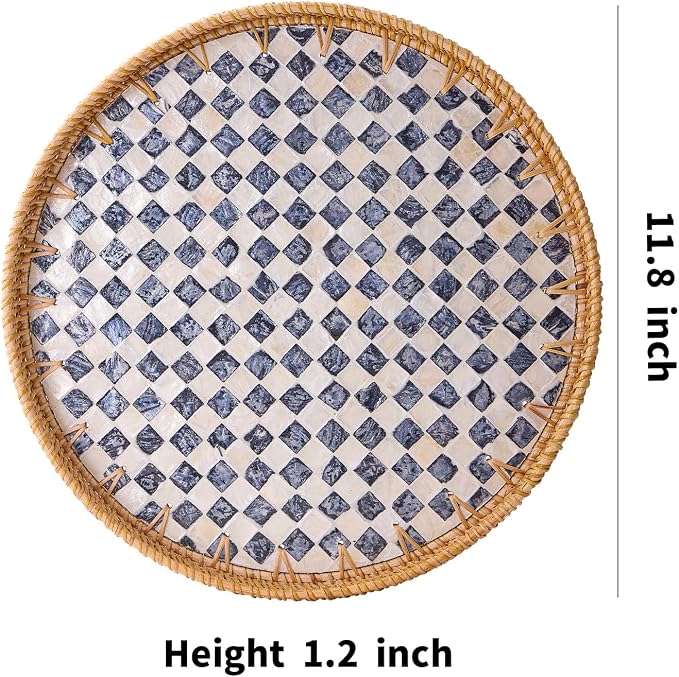 Round Rattan Tray with Mother of Pearl Inlay, Rattan Serving Tray with Wooden - Image 7