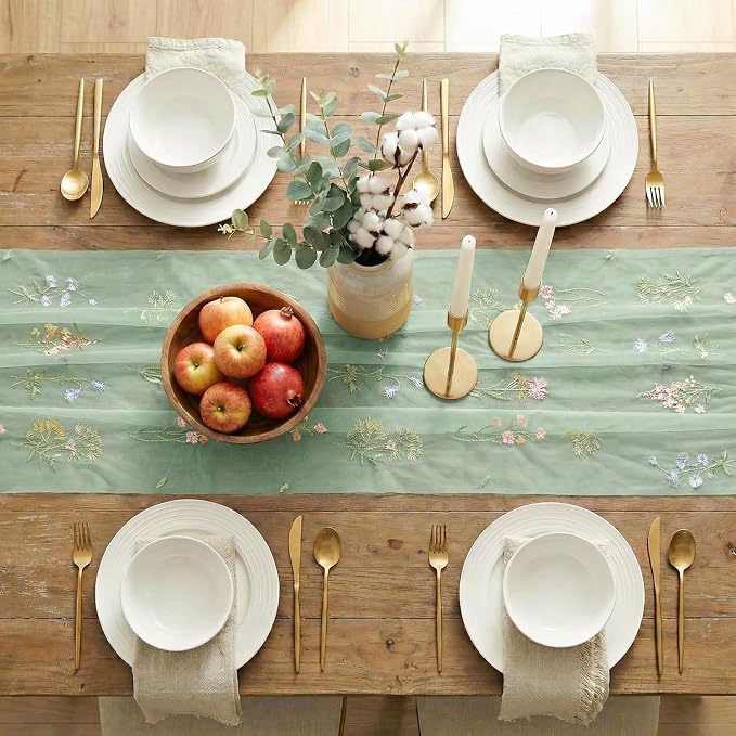 Artoid Mode 3PC Wildflower Floral Sage Green Gauze Embroidery Table Runner 120 - Image 5