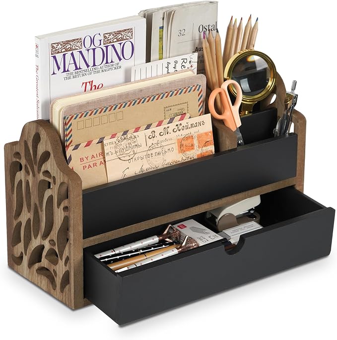 Desk Organizer with Drawer Wood File Office Mail Organizer Countertop | 5 Slot by Dhmkfly