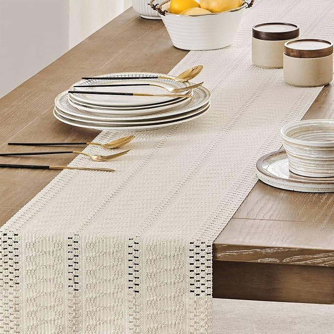Macrame Style Boho Table Runner, 12x36 Inch Ivory | Woven Boho Table Runner - Image 5